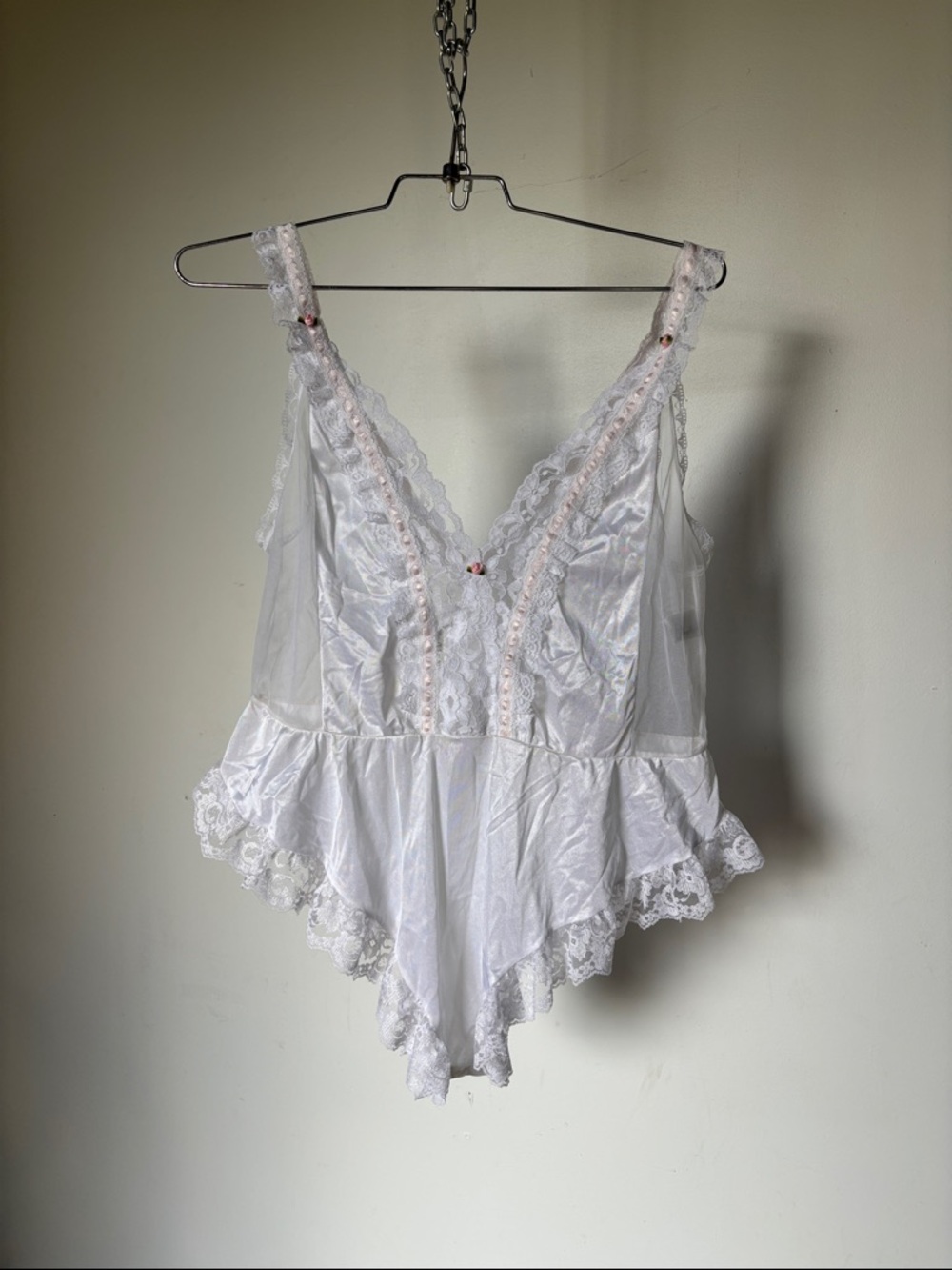 White Floral Lace Trim Satin Teddy Bodysuit Pink Ribbon Roses Vintage